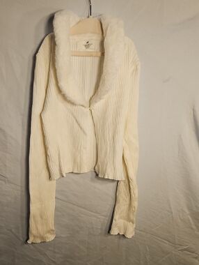 H&M Girls Cream Ribbed Cardigan with Faux-Fur Shawl Collar Size 8/10
